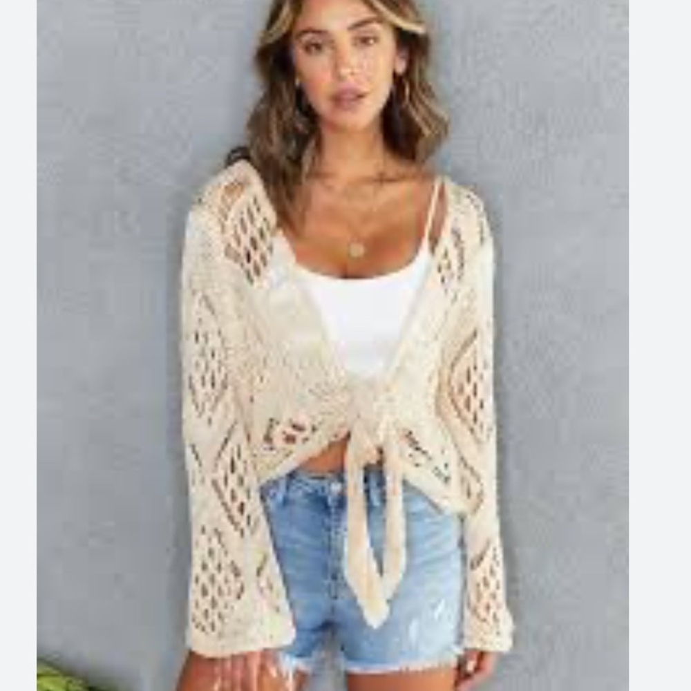 Venti6 Tie Front Cover Up Loose Crochet Top